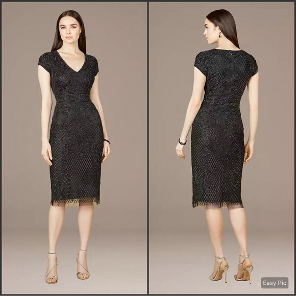 LARA Dresses & Skirts - NWT LARA 29225 Black Size 4 Cap Sleeve Beaded Midi Dress